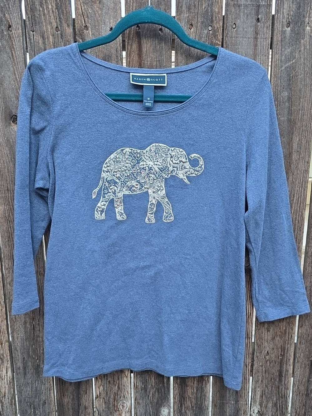 Karen Scott Blue Tee Silver Jeweled And Glittered Elephant Graphic 100% Cotton